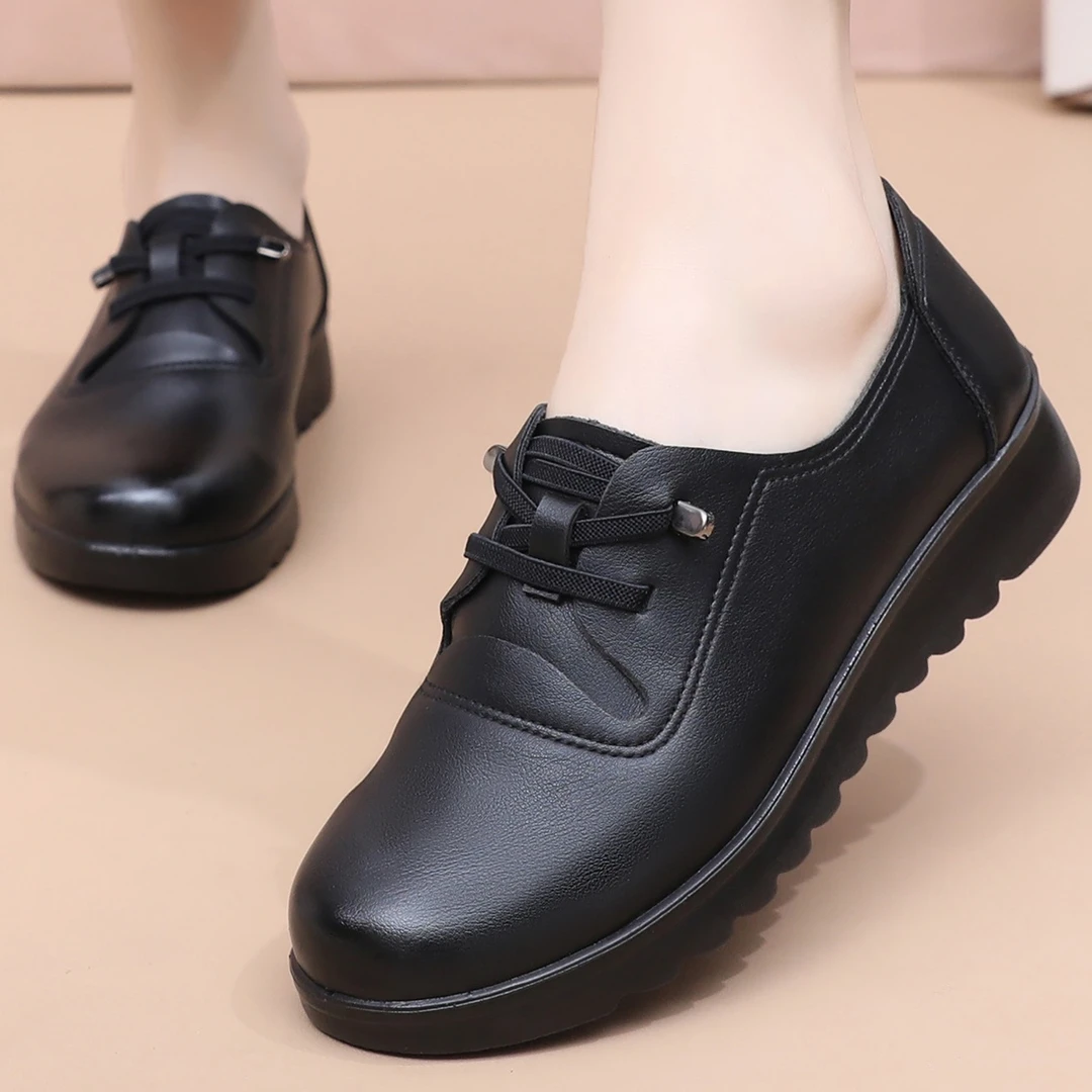 女士工作鞋皮鞋单鞋平底舒适软底软皮黑色鞋餐厅厨房妈妈鞋上班鞋
