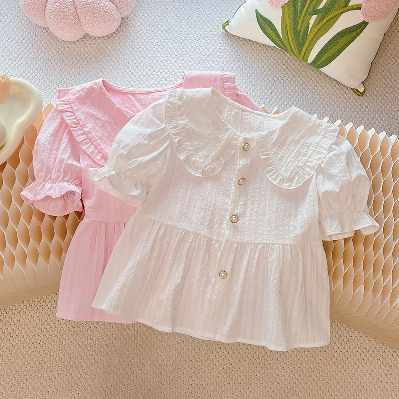 【蓓乐娃断码捡漏】女童新款衬衣短袖女宝夏季韩版娃娃领上衣洋气