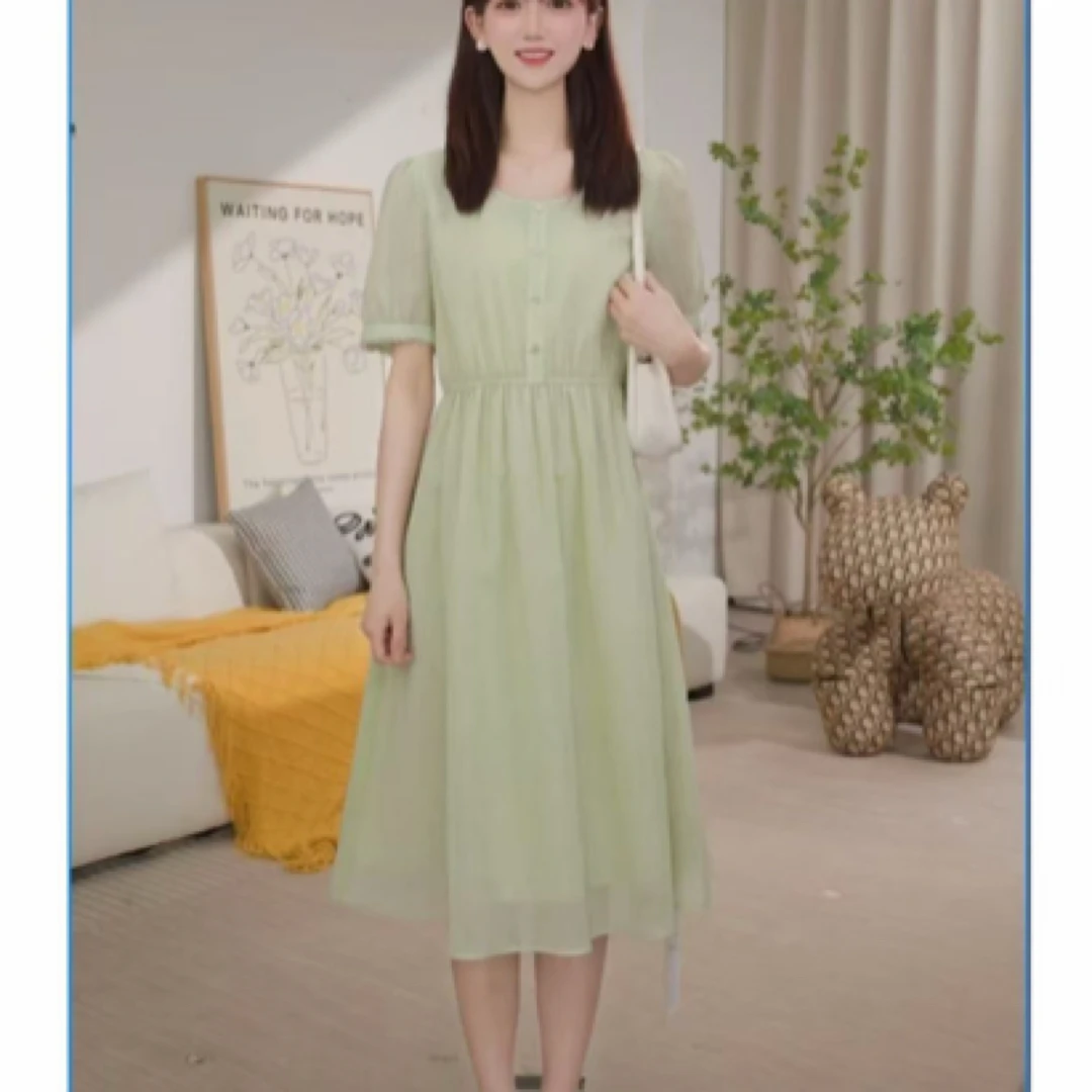 8009#【裙长102】夏季新款绿色小清新法式气质收腰遮肚子A字连衣裙
