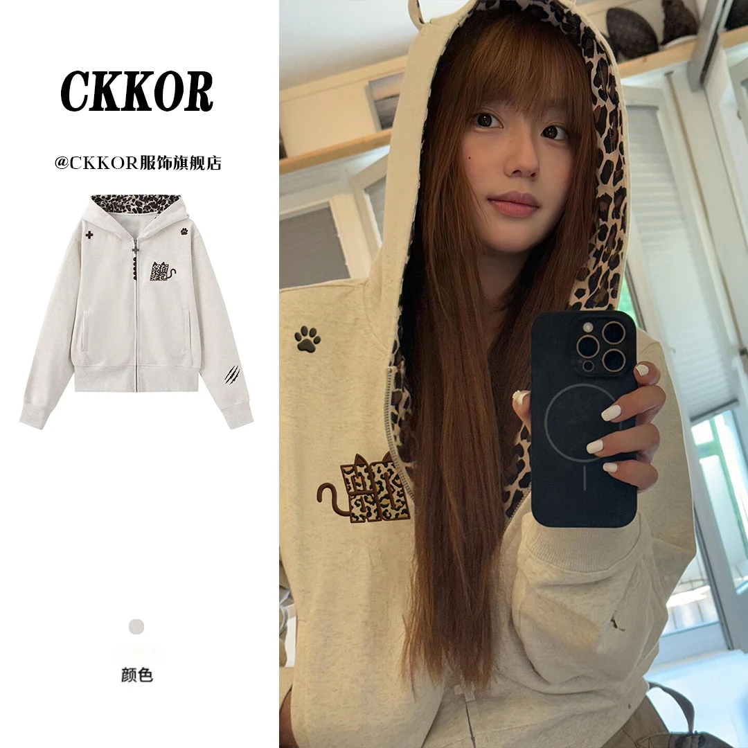 CKKOR潮流酷飒风刺绣连帽卫衣女秋冬新款宽松百搭拉链情侣短外套