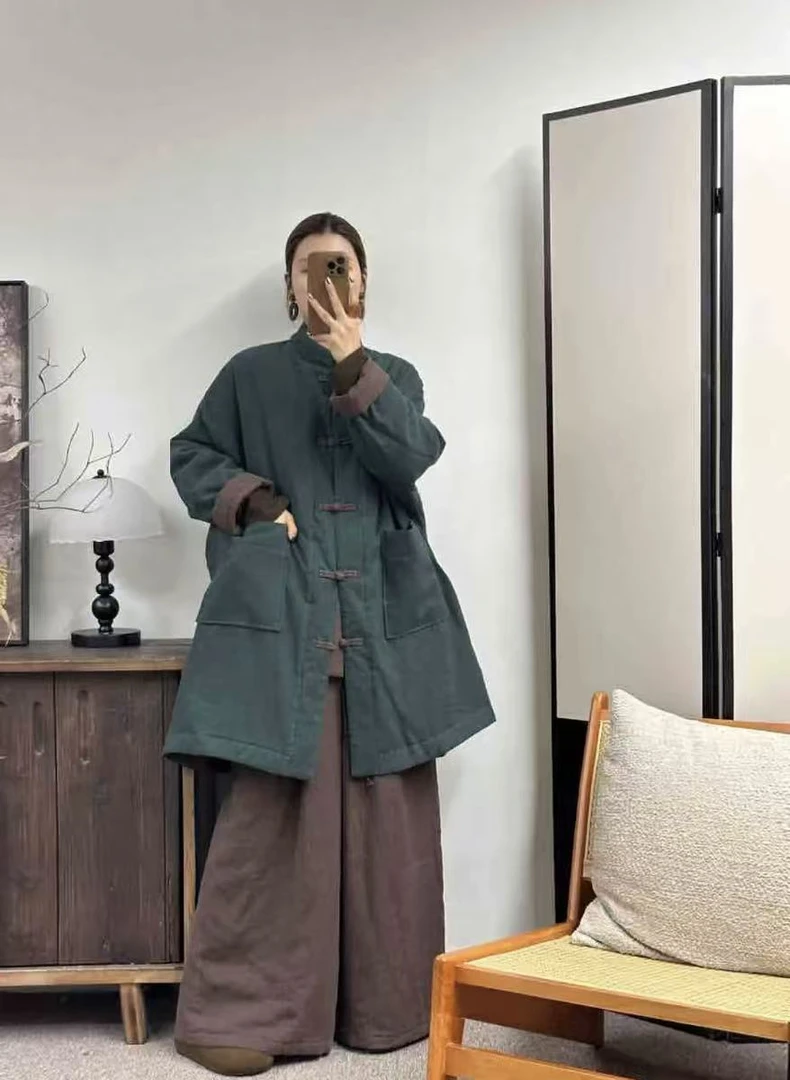 大鲸鱼-纯色亚麻盘扣撞色中长款棉服