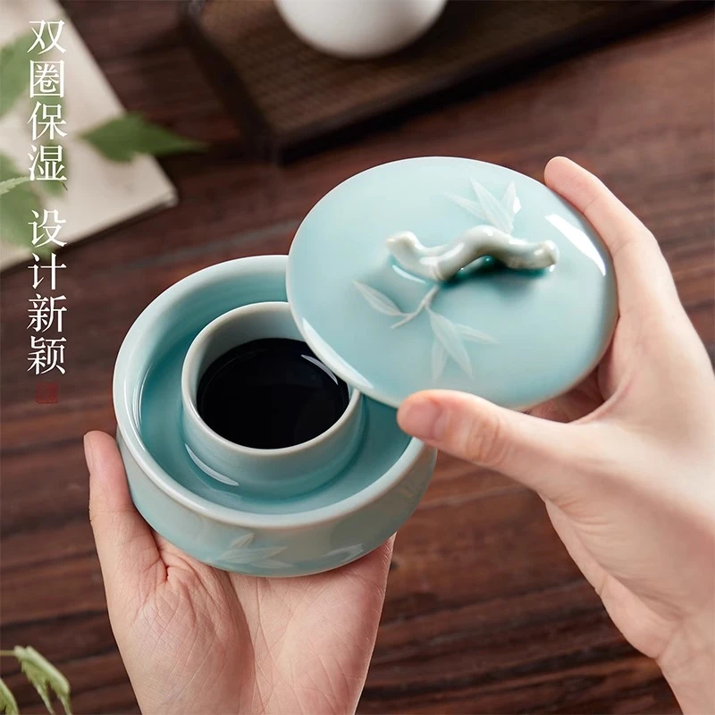 高颜值竹节火锅砚台书法专用陶瓷多功能带盖防蒸发不干墨砚台墨汁