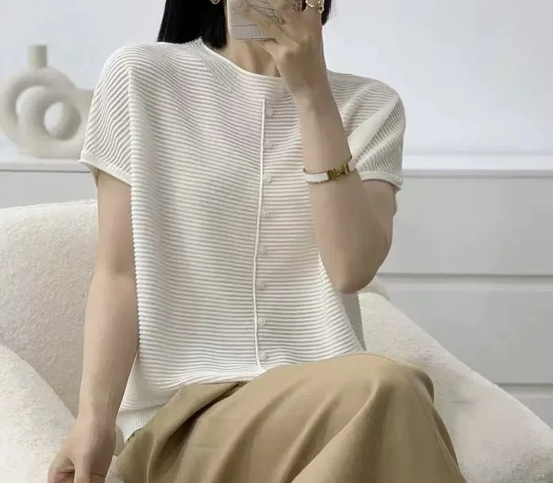 小一字领横条纹小飞短袖针织衫天丝衫