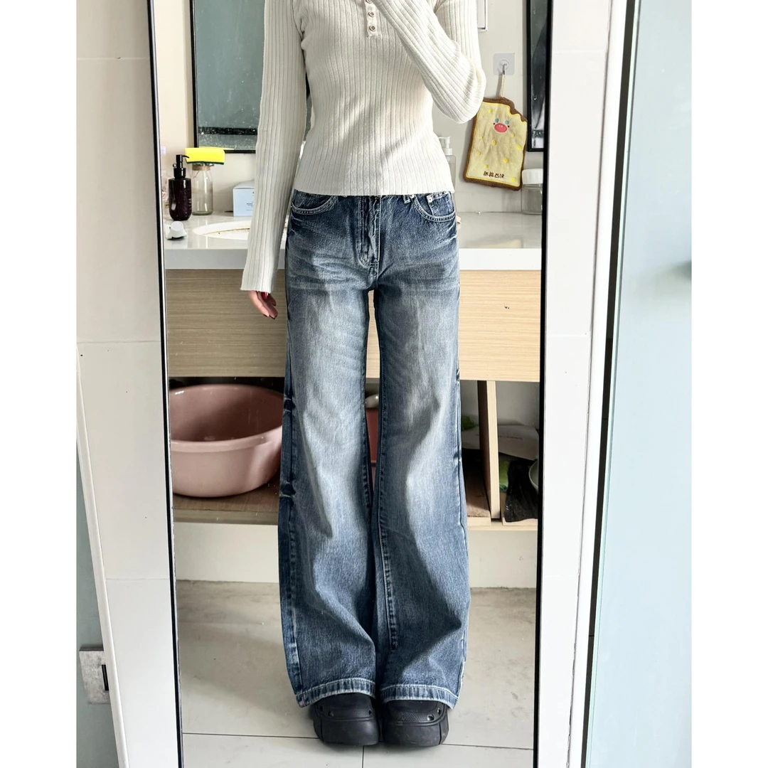 微胖mm高腰美式街头风微喇牛仔裤女秋冬新款宽松显瘦设计感阔腿裤