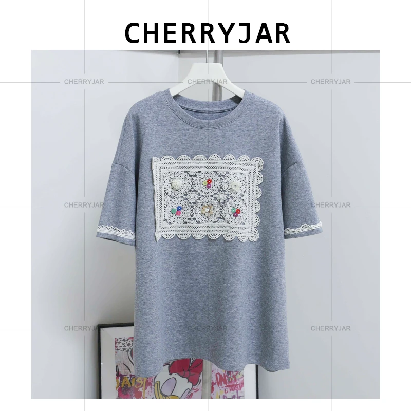 Cherryjar【251279】2025新款女短袖蕾丝拼接休闲百搭圆领T恤