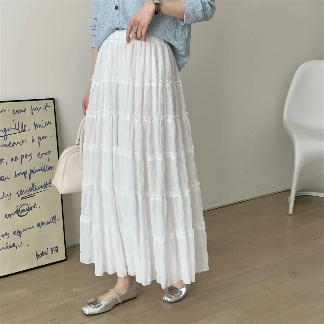 韩版百搭肌理感显瘦A字裙女2025新款木耳边拼接蛋糕裙长裙女