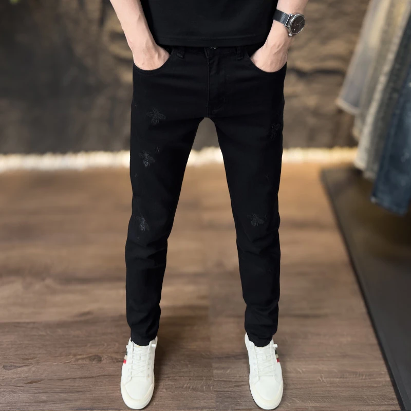 夏季薄款刺绣牛仔裤男士潮流黑色裤子休闲百搭时尚弹力修身小脚裤