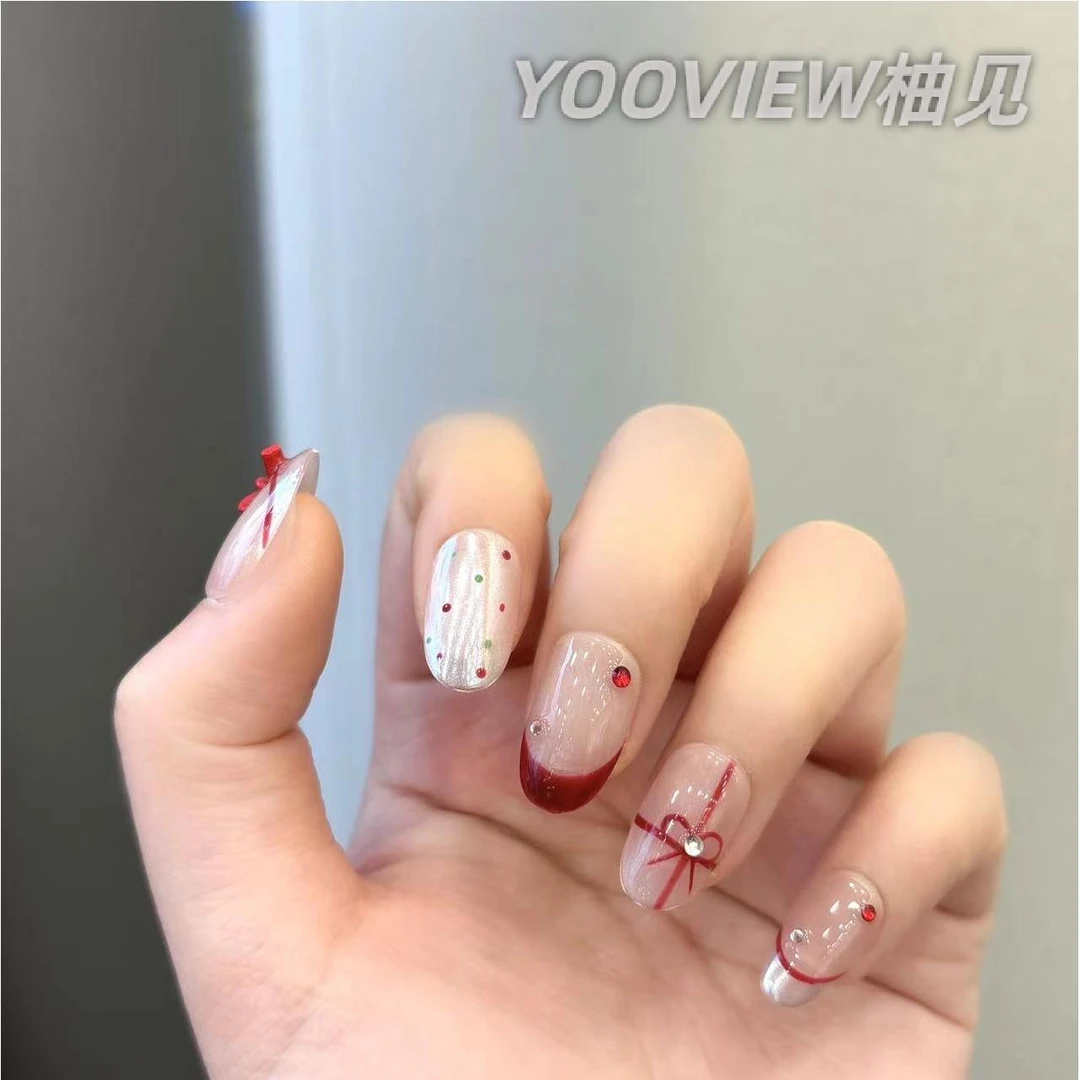 高级感穿戴甲纯手工穿戴甲美甲工厂直发中国红波点结法式魔镜粉