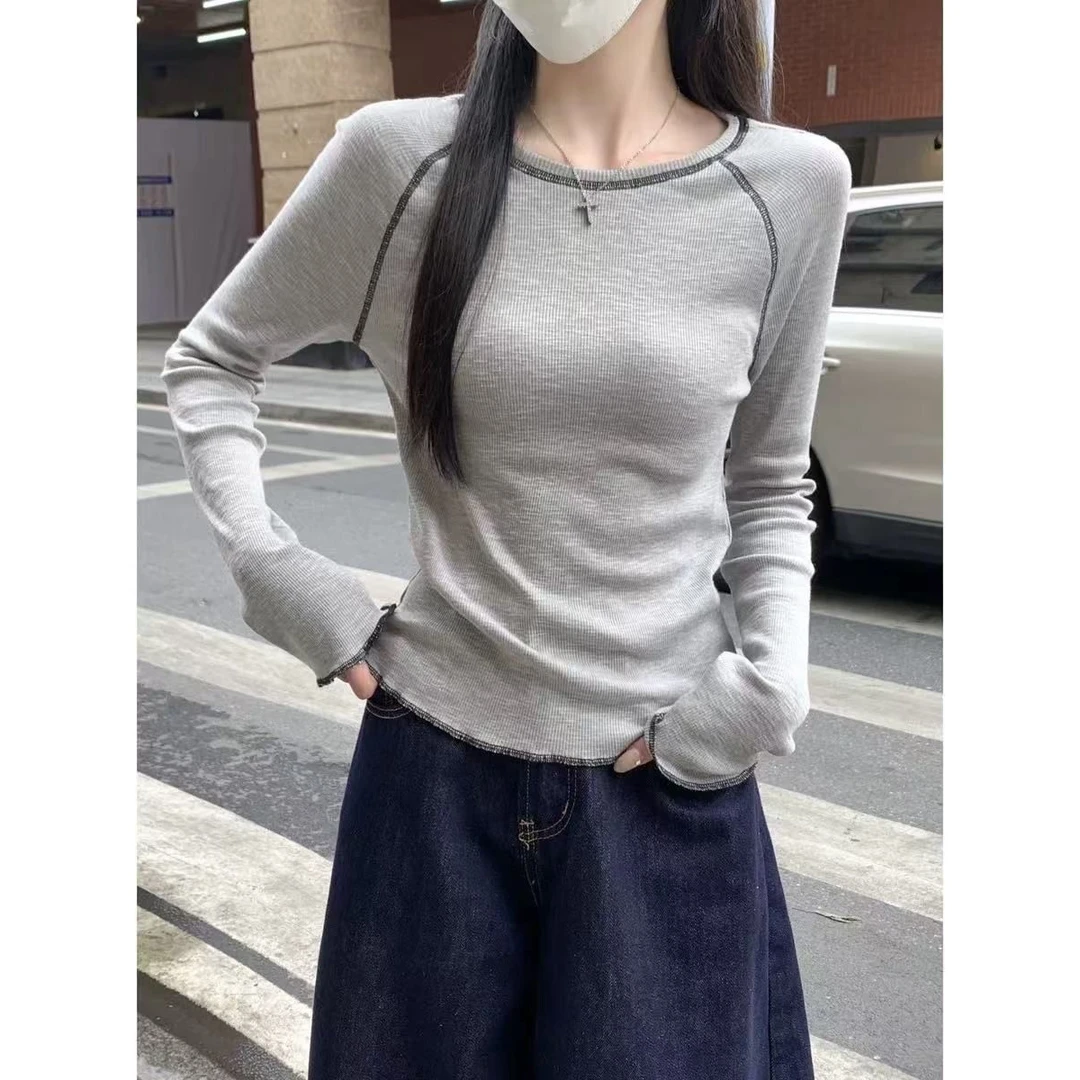 明线设计打底衫女春秋季圆领插肩反线设计感长袖内搭T恤打底上衣