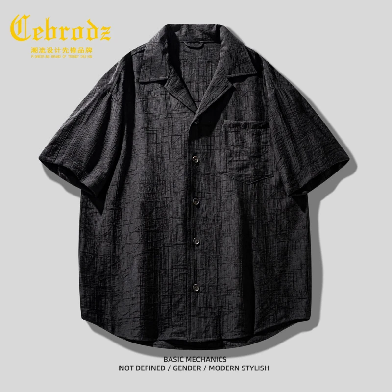 法国Cebrodz轻质肌理感痞帅古巴领短袖衬衫男士夏季薄款宽松衬衣