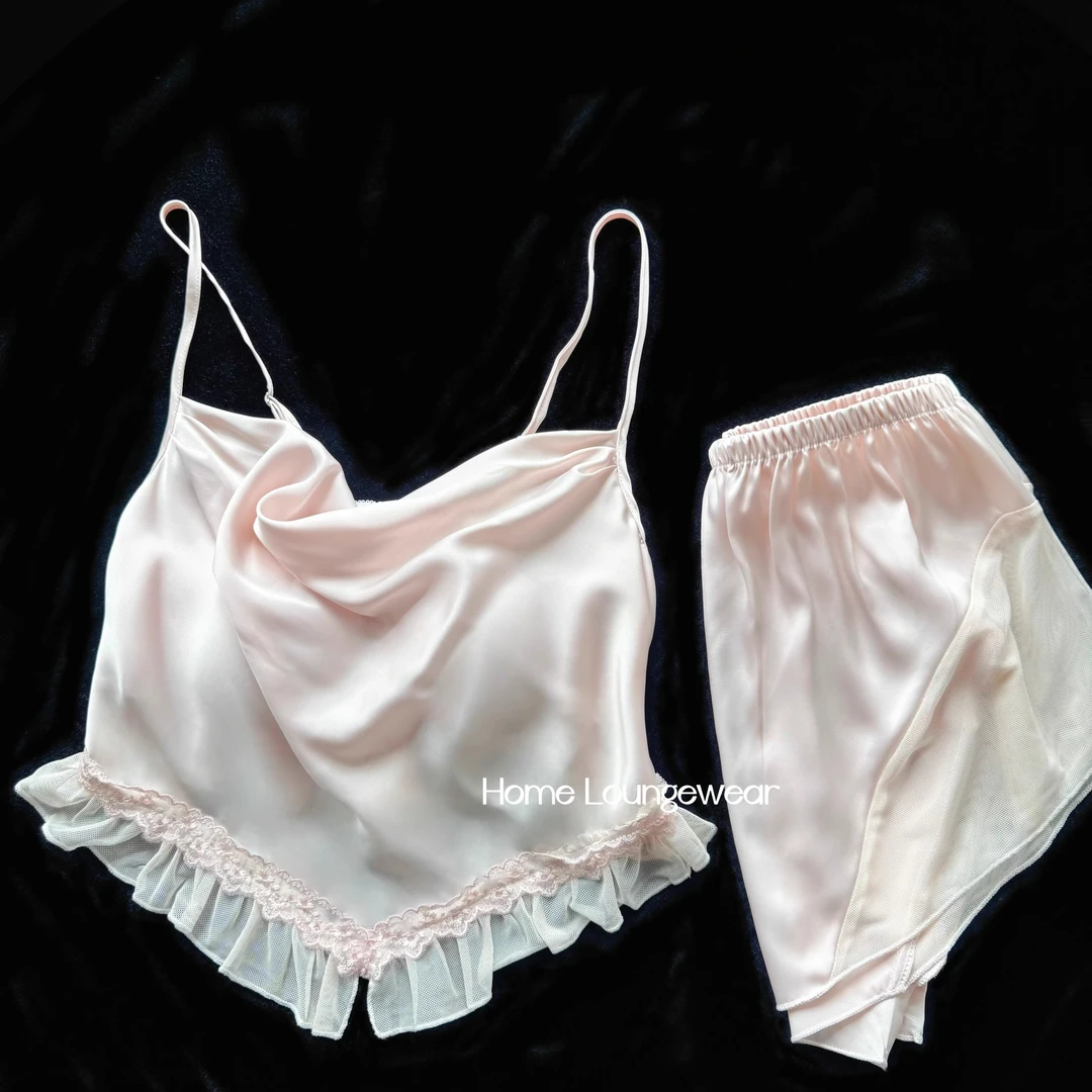 【小粉琵琶】夏季新款绸面吊带短裤清凉女士性感睡衣套装带胸垫夏