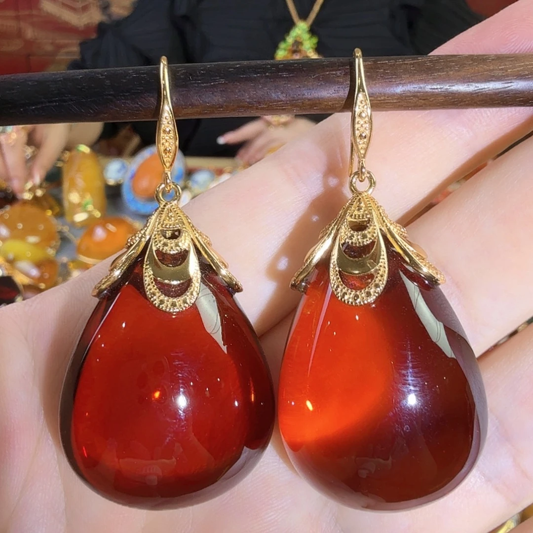 血珀银S925镀金镶嵌耳环