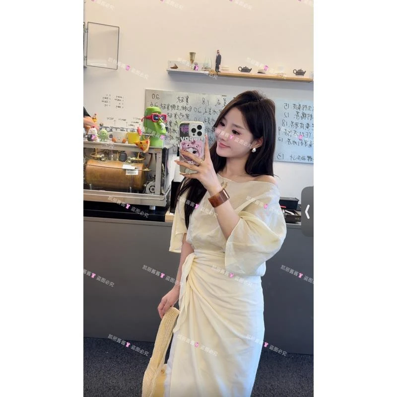 【冷萃苿莉】100苎麻 法式小众简约设计感不规则两件套装裙女