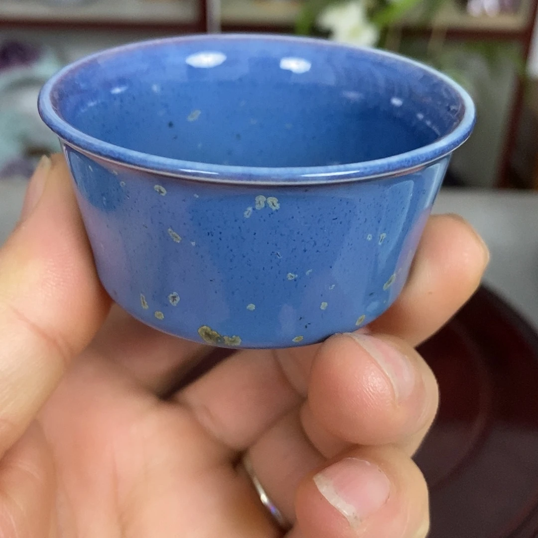 钧瓷钧瓷茶杯客杯原矿窑变蓝釉金癍