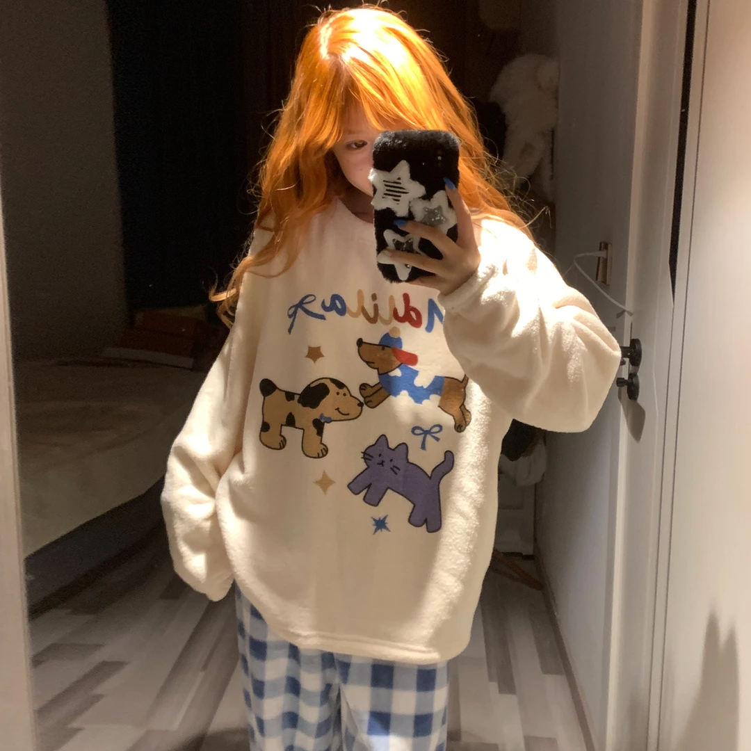 睡衣女秋冬季25新款加厚米粒绒大码保暖蓝格猫狗套装法兰绒家居服