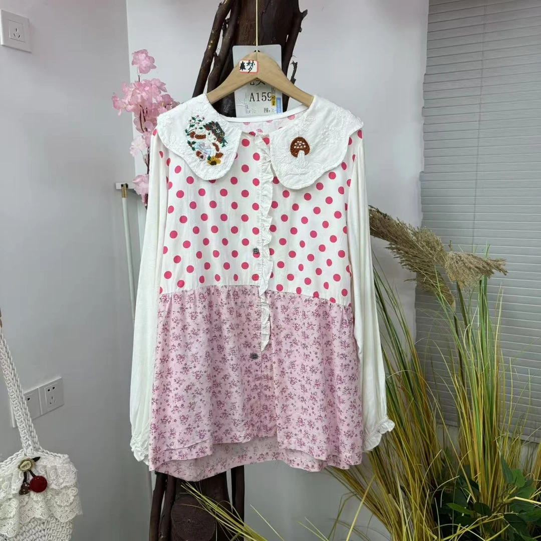【光头家】春夏森系百搭重工刺绣娃娃领长袖衬衫波点甜美