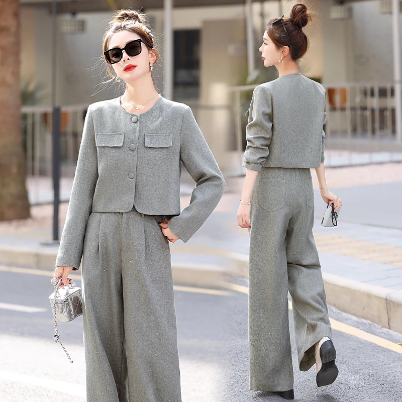 休闲时尚亮片套装女2025春季新款高级感气质减龄显瘦阔腿裤两件套