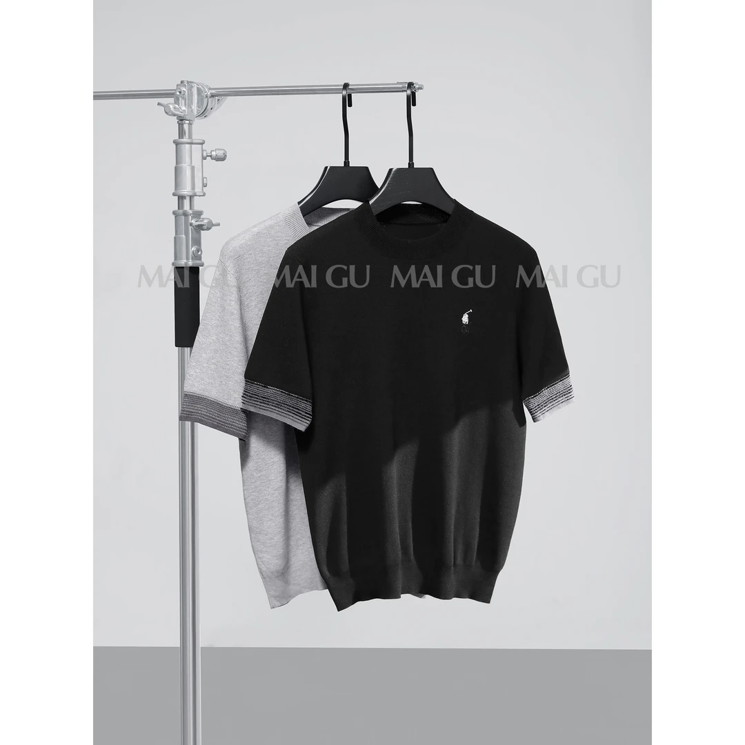 【Stan】夏季高定老钱风撞色小马刺绣设计冰爽丝针织圆领短袖T恤男