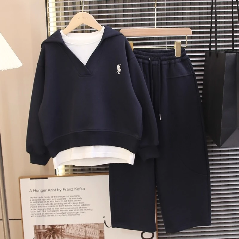 男童春秋套装2025新款韩版儿童时髦假两件套连帽卫衣休闲运动潮牌