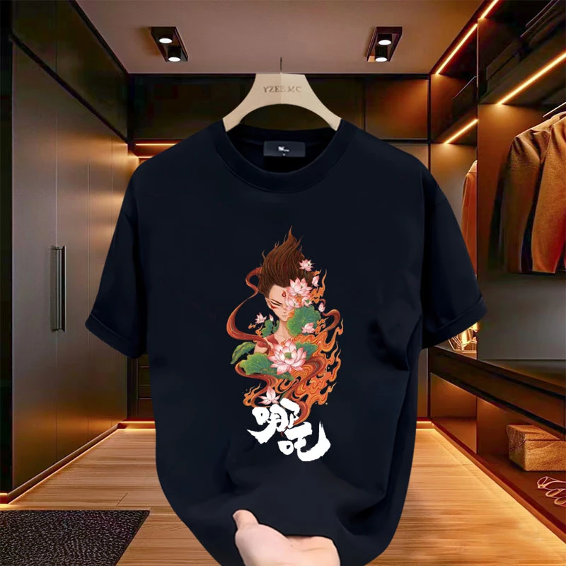 大码圆领宽松短袖T恤男士休闲纯棉2025夏季新款时尚百搭潮流印花