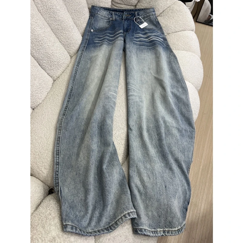 大码美式复古水洗阔腿牛仔裤女秋季高腰宽松直筒显瘦拖地梧桐长裤