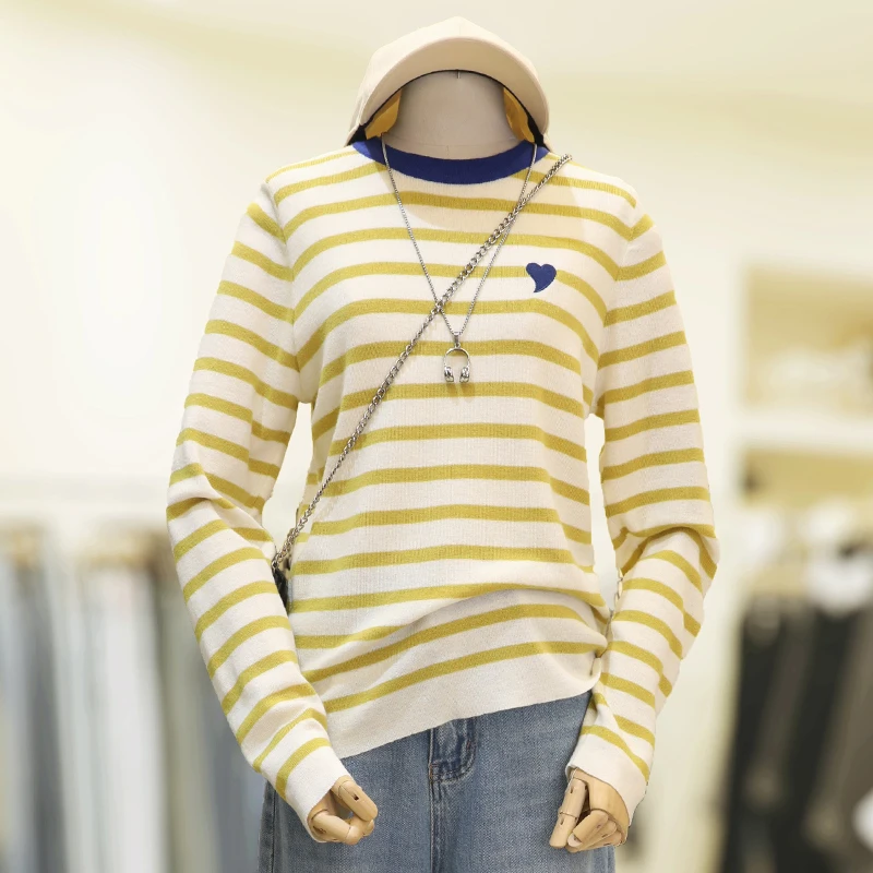 zaw大码女装条纹圆领针织衫女长袖内搭打底衫胖mm上衣/25059