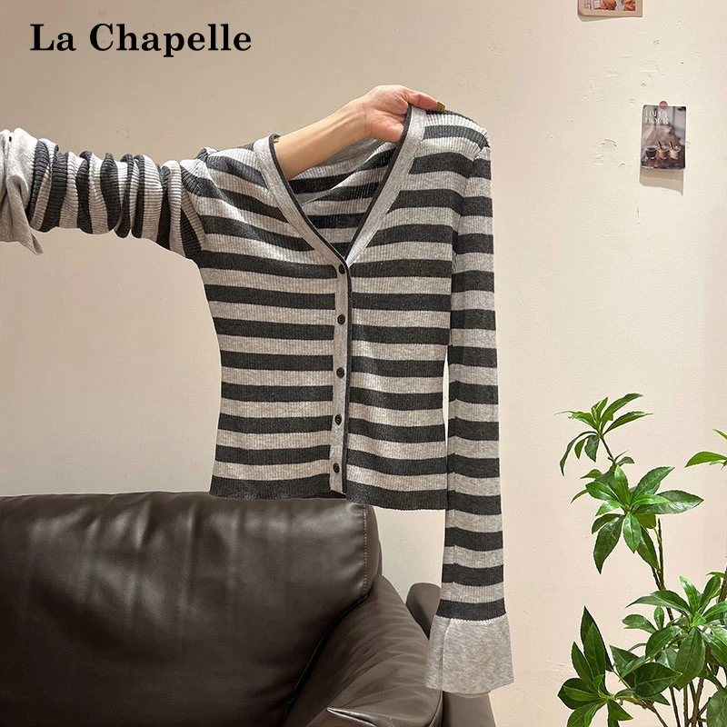 拉夏贝尔深灰条纹拼接时尚V领针织开衫女秋季喇叭袖修身长袖上衣