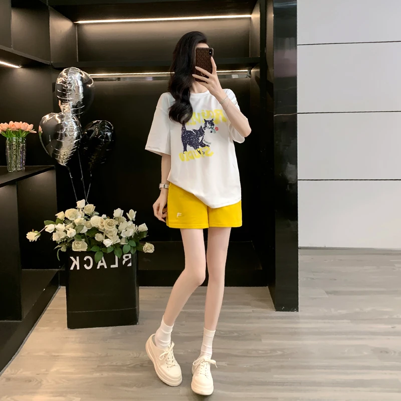 网红休闲白色短袖t恤黄色短裤套装女2025新款爆款洋气女装两件套