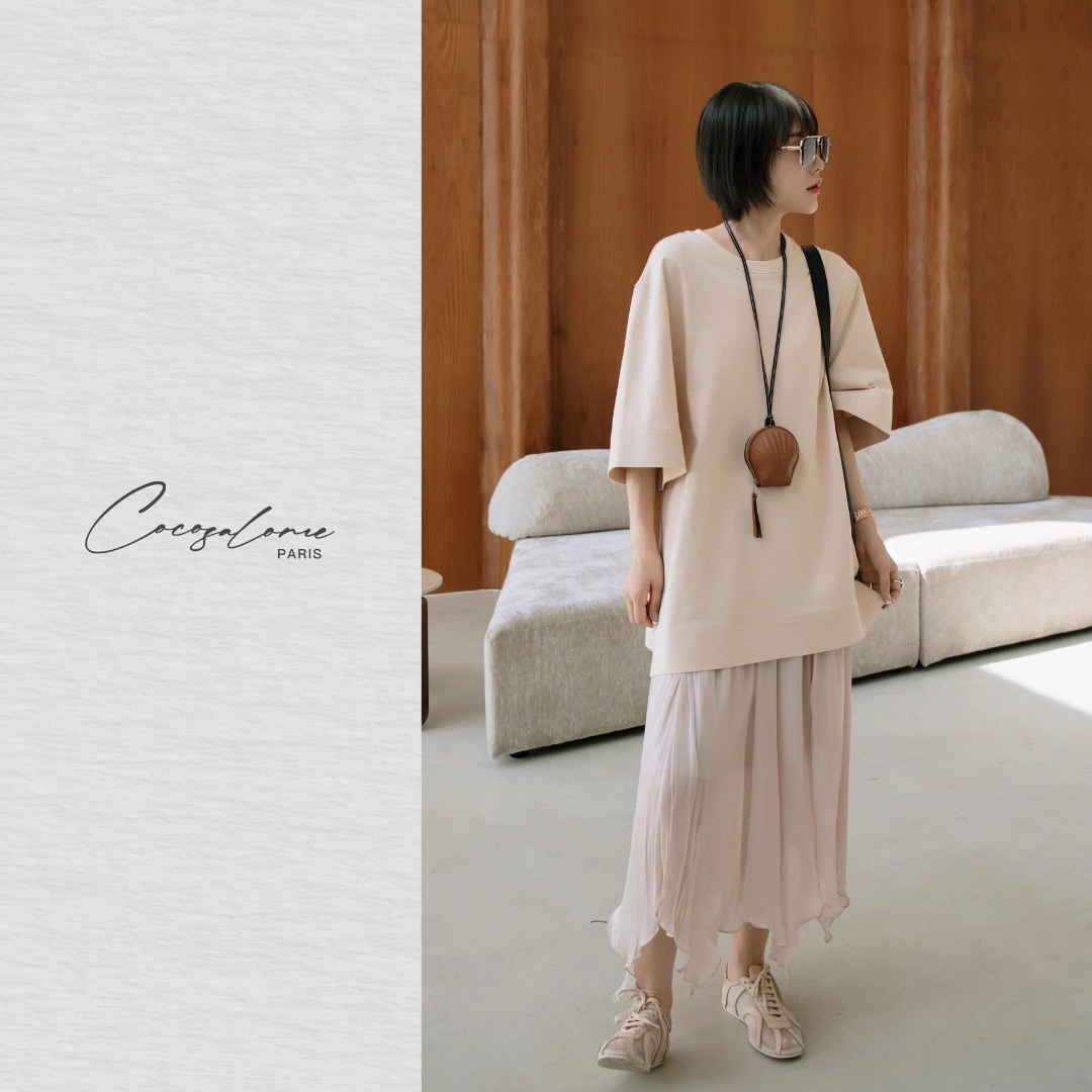 韩彬彬"棉美学"100棉定染落肩袖纸片人显瘦大码短款T恤842A-10