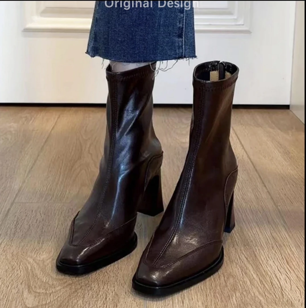 羊皮版！6cm高跟短靴弹力瘦瘦靴女后拉链洋气通勤百搭马丁靴靴女