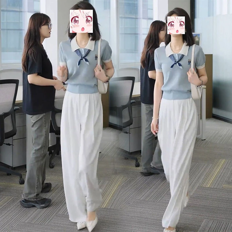 2025年夏季高级感时尚撞色翻领短袖针织衫收腰显瘦气质垂感套装