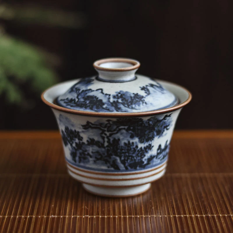 阿茶  高足山水盖碗(120ml)（朴碗0029）