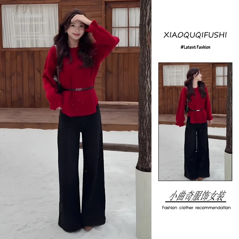 超火秋冬季穿搭整套女2025新款韩版氛围感腰带毛衣微喇阔腿裤套装