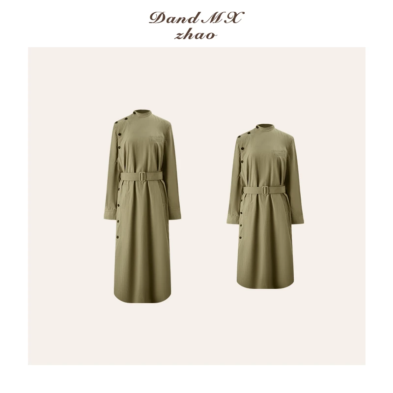 D&MX 摩登“知识分子”斜襟立领不规则开扣风衣式连衣裙79033