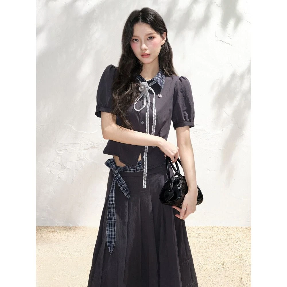 巴黎见面会 夏季翻领收腰显瘦短袖衬衫学院风绑带拼接半裙两件套