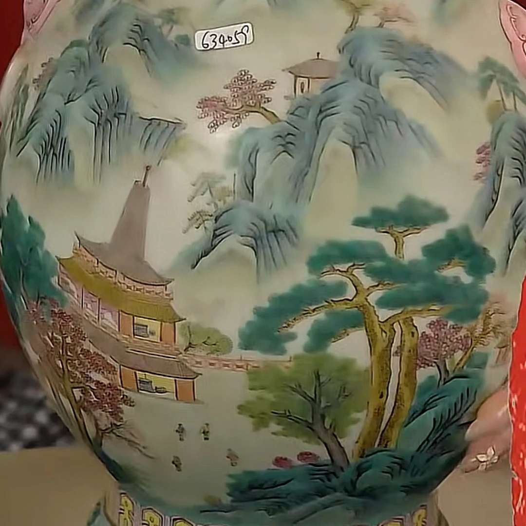 收藏/古玩清粉彩山水楼阁盘口尊