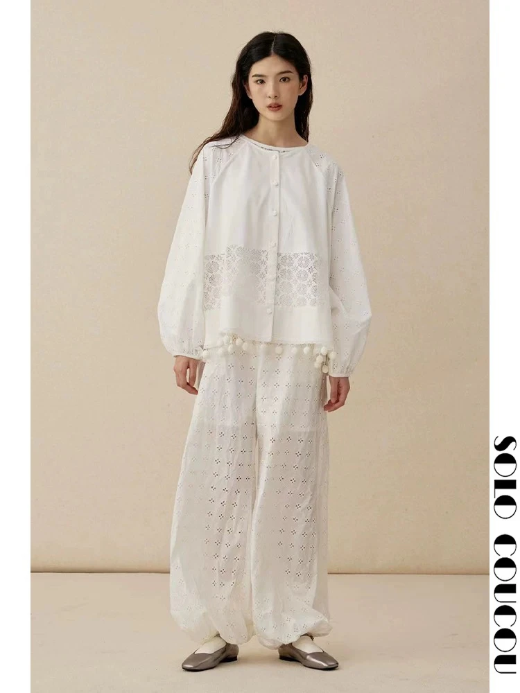 SoloCoucou索乐原创设计法精梳棉刺绣慵懒显瘦松紧腰百搭气球长裤