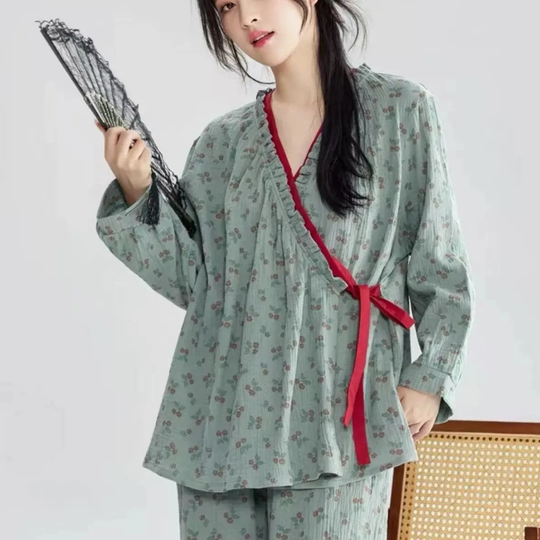 双纱棉套装女士家居睡衣套装长袖柔软四季家居服套装休闲外穿遛弯