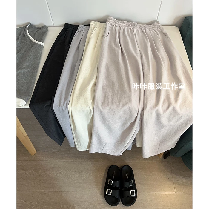 REKAYYAT“宁静”韩版简约时尚百搭舒适纯色松紧腰设计直筒奶皮裤