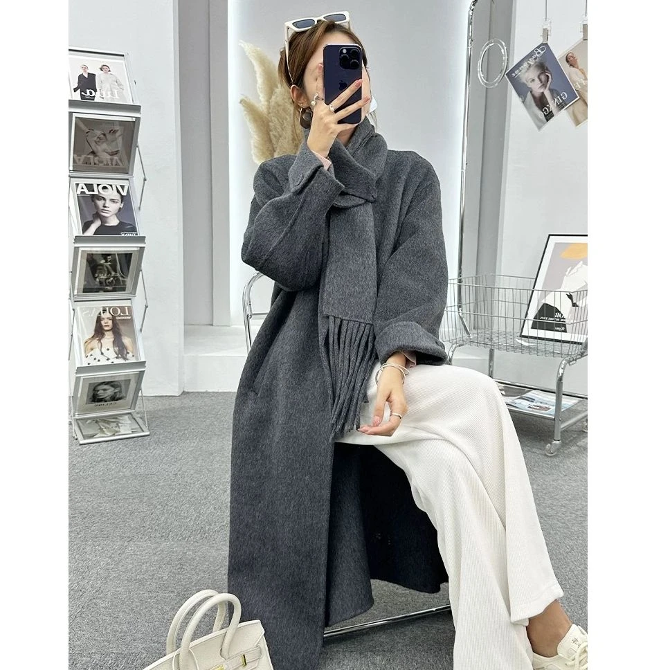 KIKI严选：762-AW家欧洲站南油带围巾中长款双面毛大衣外套