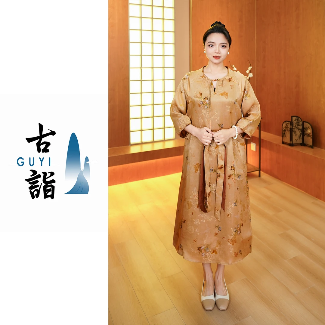 【翩跹】100桑蚕丝红云纱花罗葫芦领连衣裙
