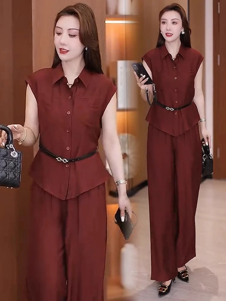 时尚套装女2025夏季新款洋气显瘦系带衬衫高腰阔腿裤休闲两件套潮