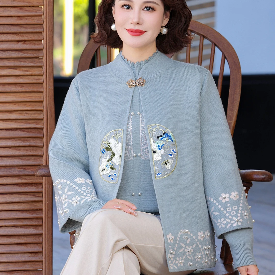 两件套妈妈装秋冬国风针织外套洋气高贵中老年女冬季保暖毛衣套装