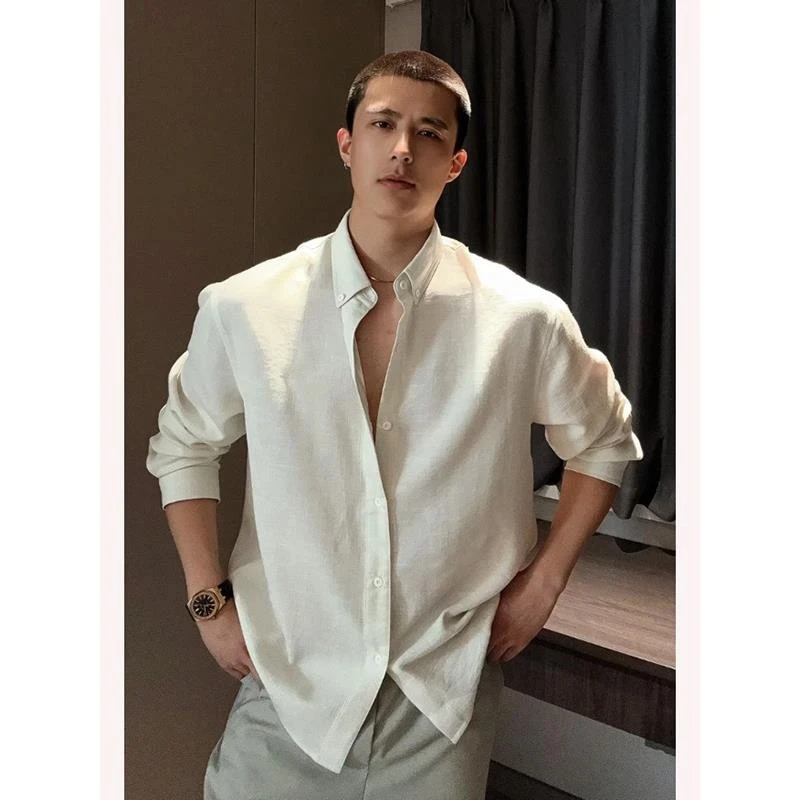 老钱风亚麻长袖衬衫男夏季穿搭痞帅高级刺绣气场强大高级感男装