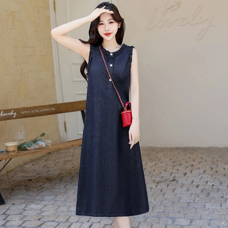 牛仔连衣裙女2025夏季新款时尚木耳边无袖背心裙宽松休闲过膝长裙