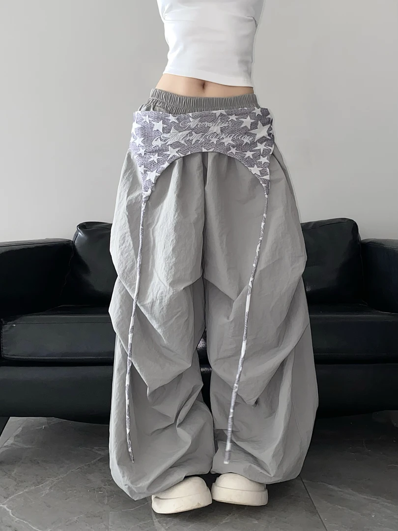 BabyStudios美式辣妹设计感百搭伞兵裤女宽松街舞褶皱运动阔腿裤