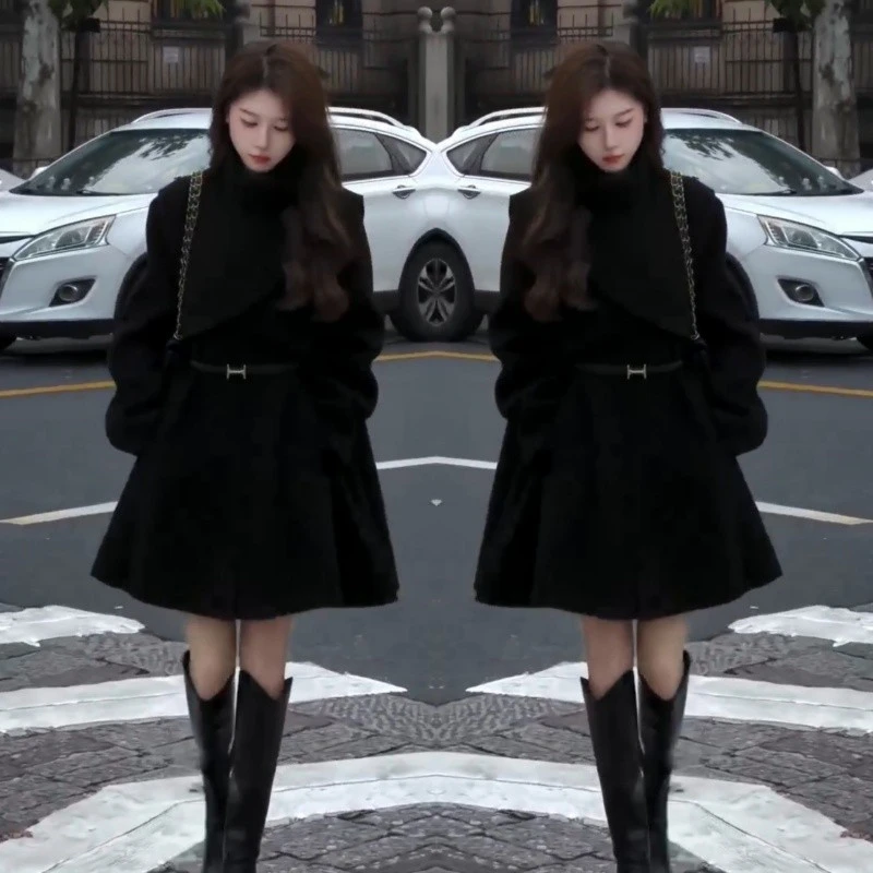 小个子宽松显瘦百搭时髦毛呢外套秋冬新款设计感可拆卸斗篷大衣