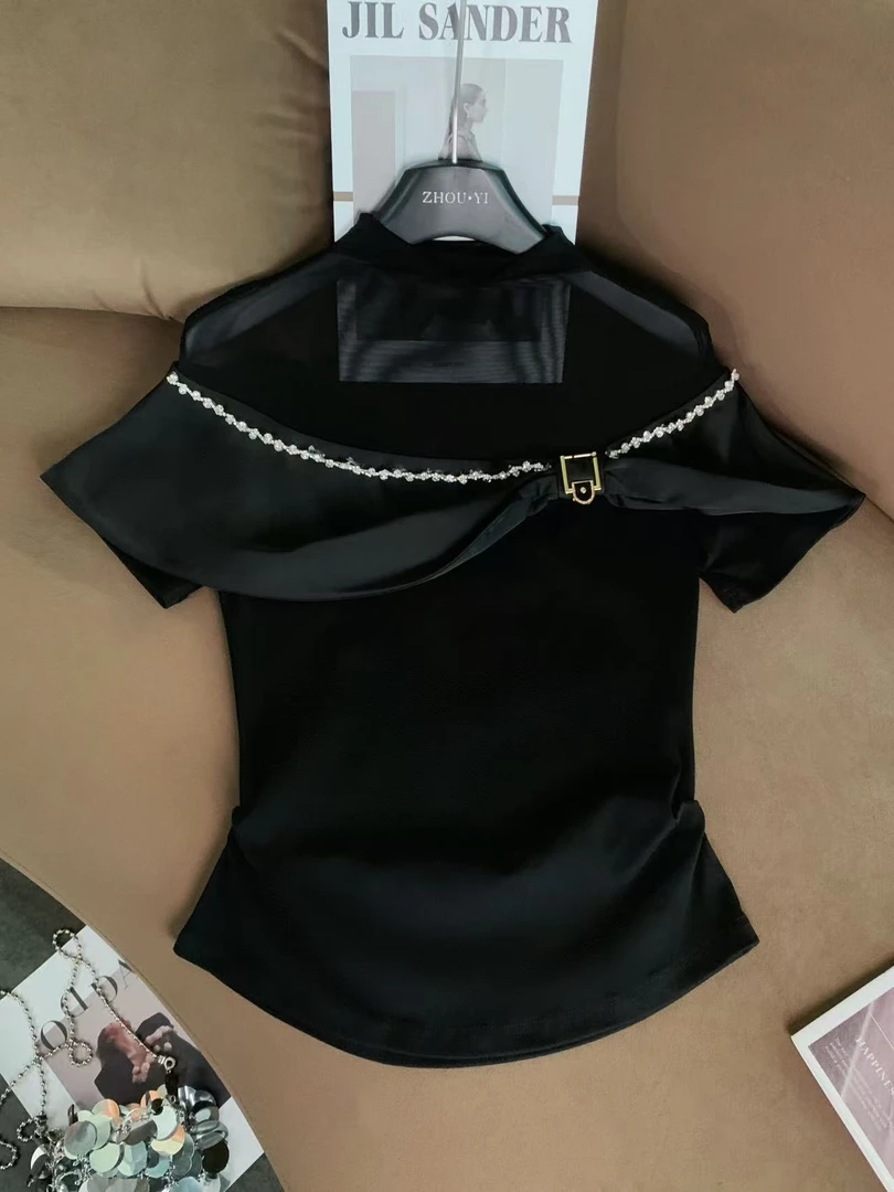 ZHOUYI/周一  2025爆款夏季洋气上衣墨黑镂空短袖显身材百搭T恤女