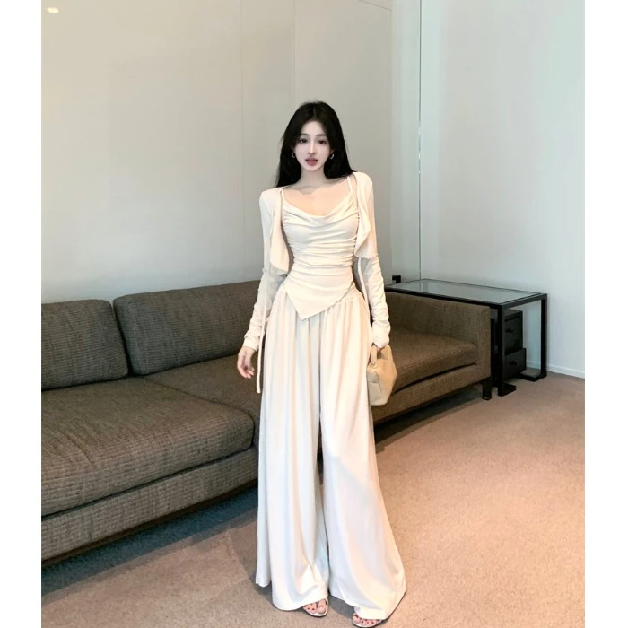 纯欲穿搭套装女秋季荡领吊带背心长袖开衫上衣垂感阔腿休闲裤套装