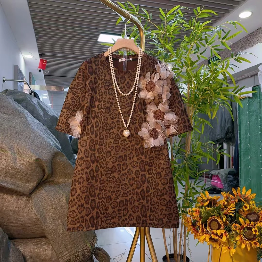 时尚气质豹纹长T恤胖妹妹遮屁股遮肚子显瘦大码宽松爆款中长款